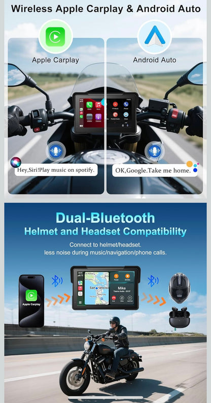 Motorcycle CarPlay & Android Auto Plug And Play Music Navigation Hands Free Bluetooth (Custom Fit ANY Motorcycle/EBike)
