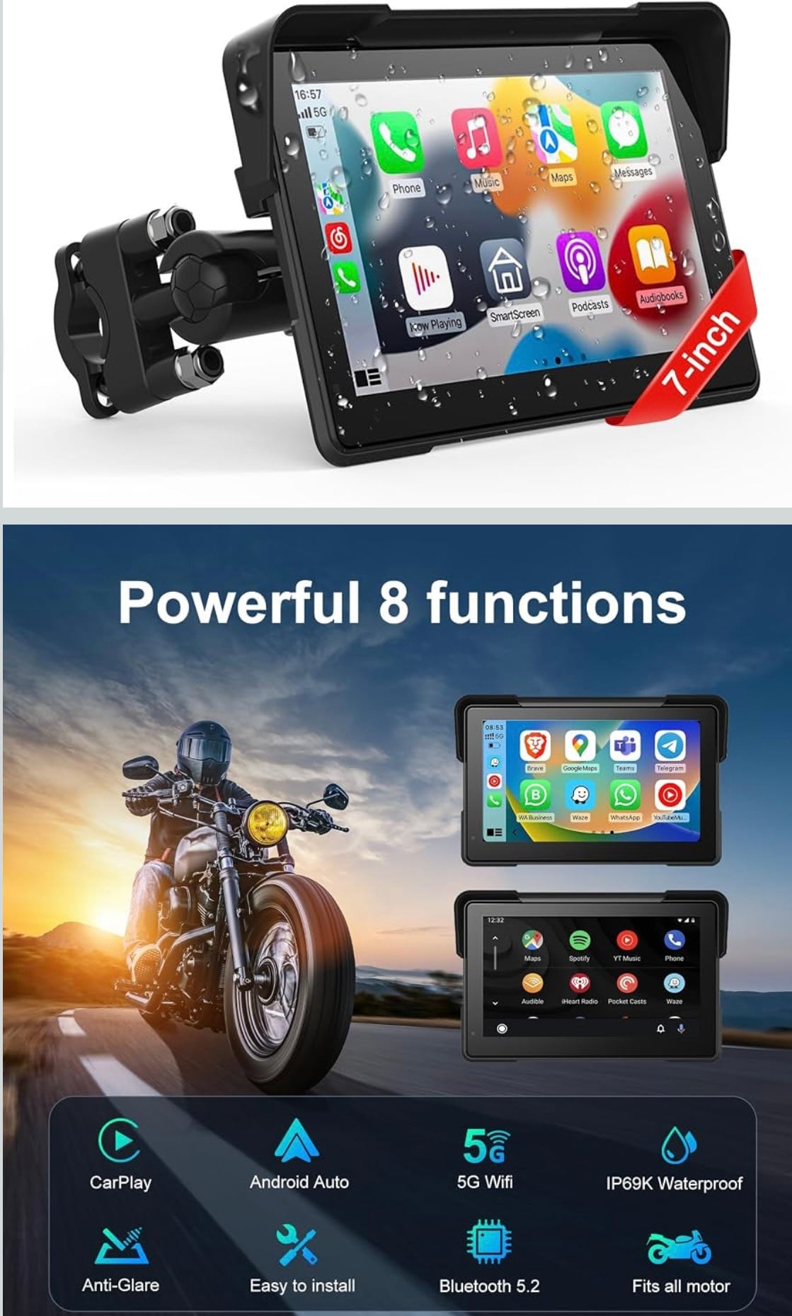 Motorcycle CarPlay & Android Auto Plug And Play Music Navigation Hands Free Bluetooth (Custom Fit ANY Motorcycle/EBike)