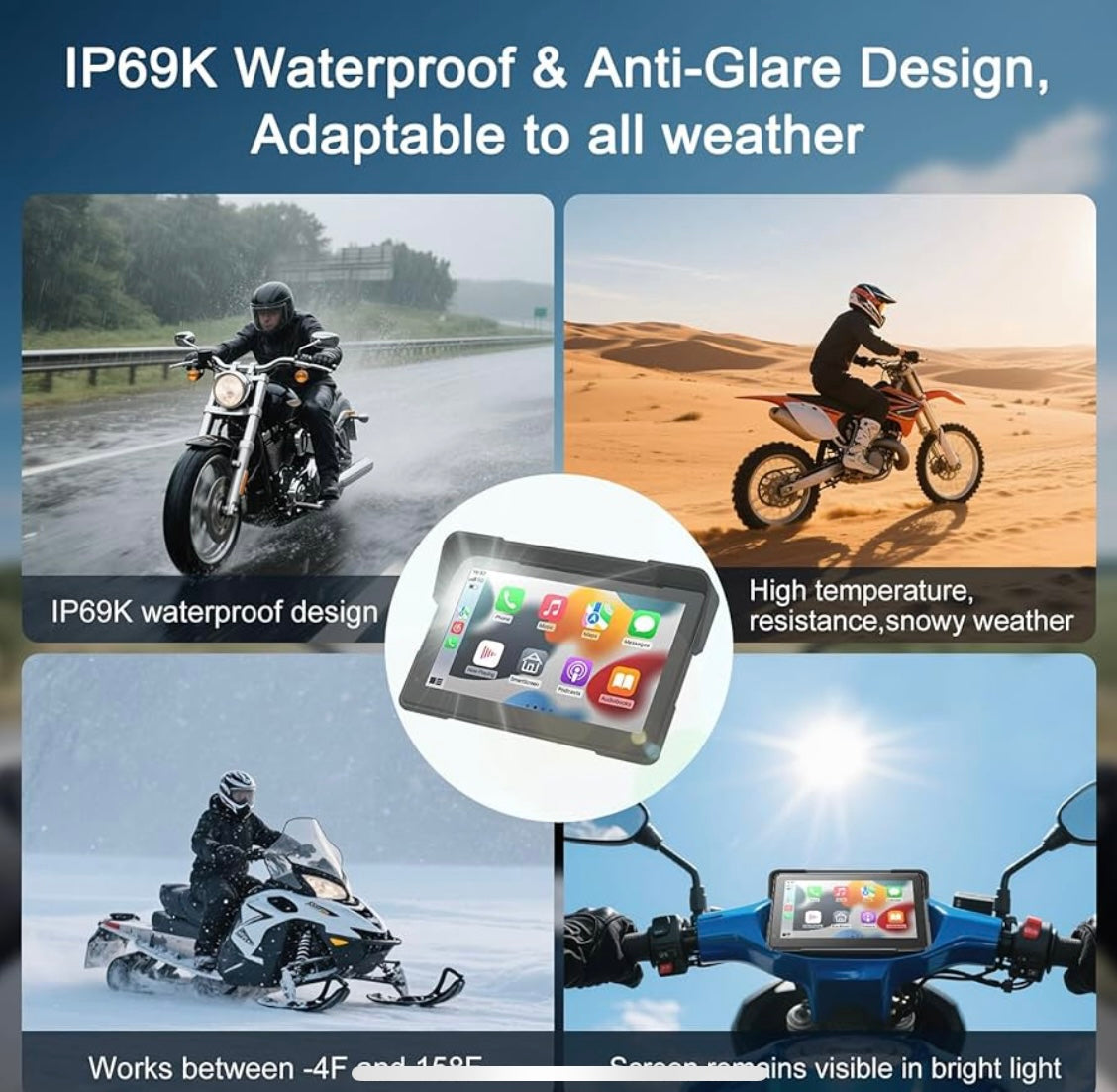Motorcycle CarPlay & Android Auto Plug And Play Music Navigation Hands Free Bluetooth (Custom Fit ANY Motorcycle/EBike)